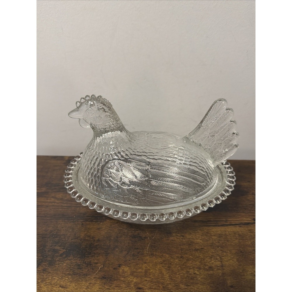 VTG Indiana Glass Oval "Hen On Nest" Covered Dish w/Beaded Edge 7 in, CLEAR - Picture 2 of 8